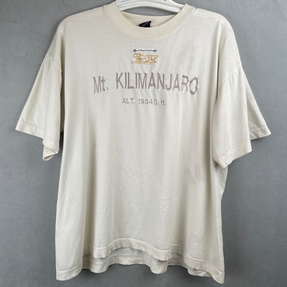 VTG Mt Kilimanjaro Cropped T Shirt Punch Design Embroidered Lion Cream XL Kenya